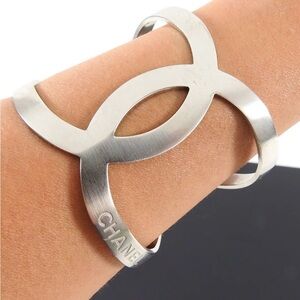 CHANEL Brushed Silver tone Metal Interlocking Cuff Bracelet